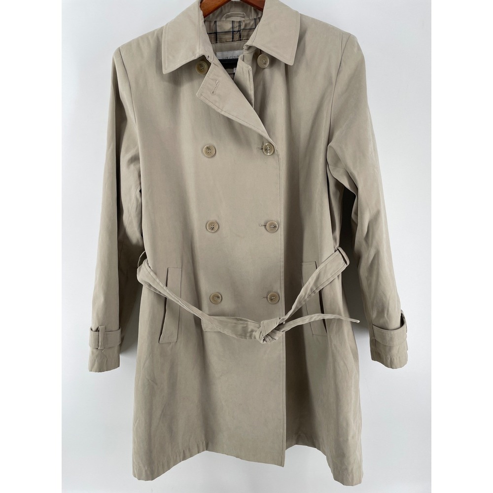 Liz Claiborne Trench‎ Coat Womens Large Tan Belted Double Breasted Plaid Lined